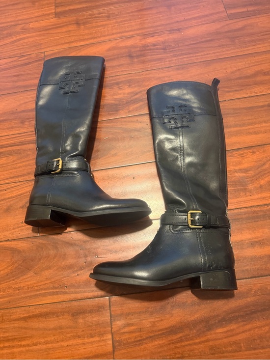 Tory Burch Shoes - Tory Burch Black Leather Riding Boots with Gold Buckle